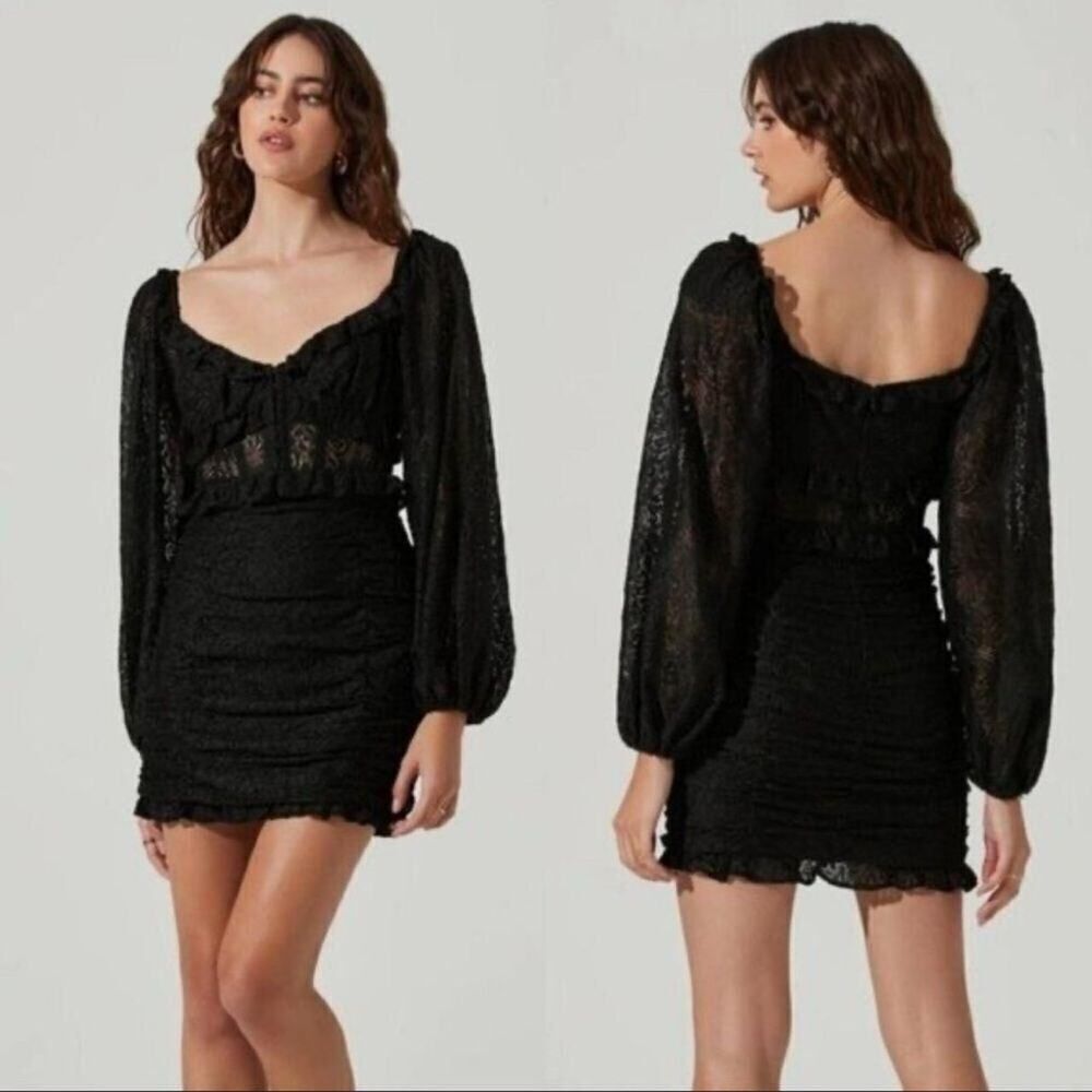 ASTR The Label Black Lace Ruched Mini Dress Long Sleeve Dark Goth Romantic Small